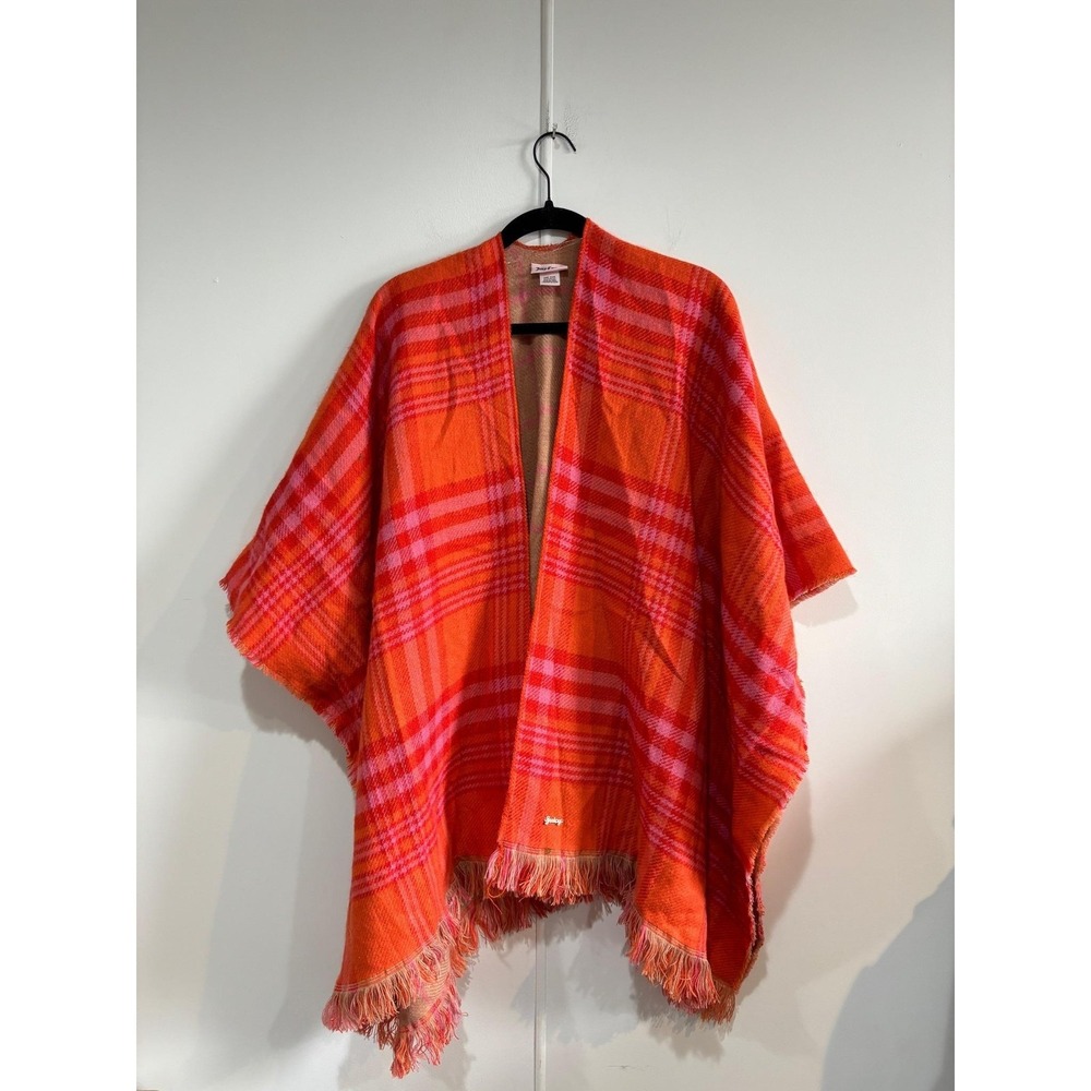 Juicy Couture Poncho Womens One Size Orange Pink Plaid Fringe Open Cape‎